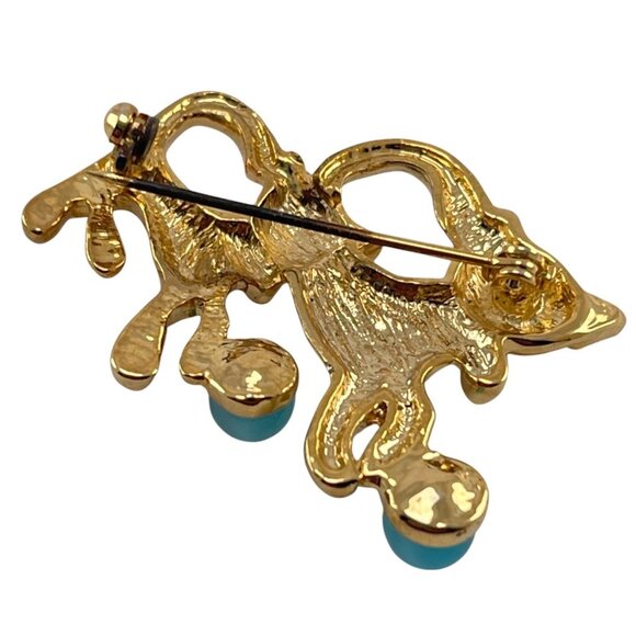Vintage Gold Tone Cat Brooch With Turquoise Ball Two Cats Design - Picture 5 of 8